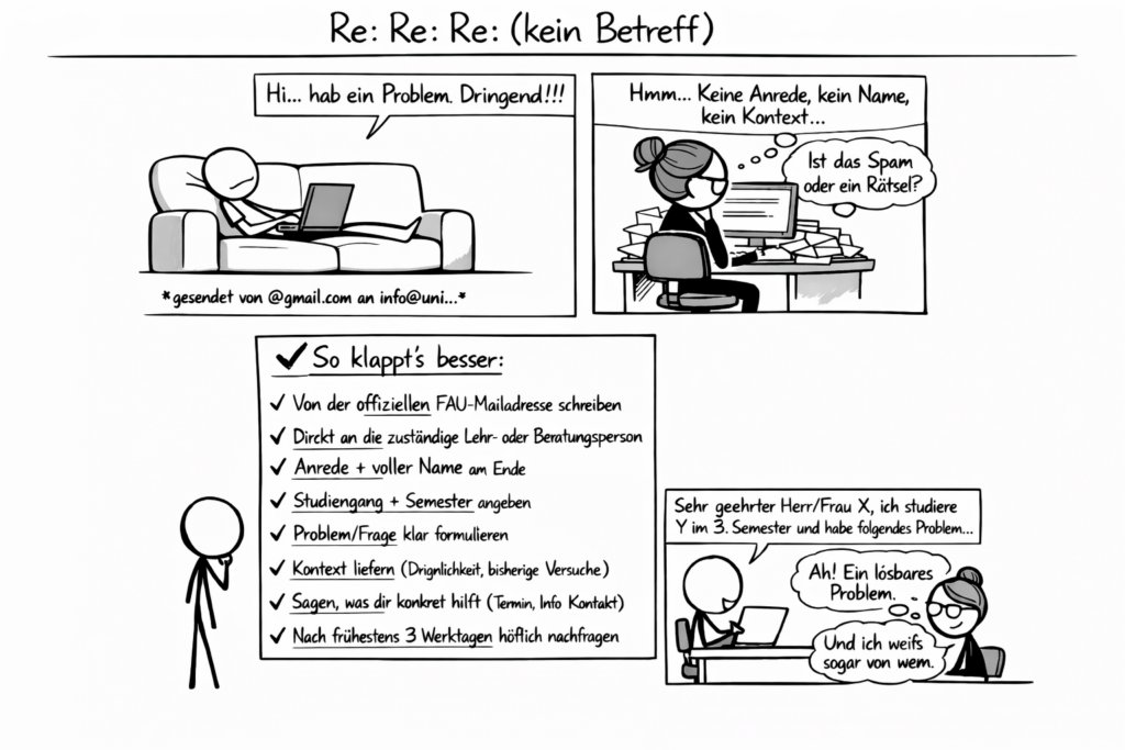 Ein vierteiliges, schwarz-weißes Comic im Stil von Strichzeichnungen zeigt, wie Studierende bessere E-Mails an Lehrpersonen schreiben können. Der Kern ist eine Checkliste mit Tipps für bessere Emails: von der offiziellen FAU-Mailadresse schreiben, die richtige Ansprechperson kontaktieren, eine Anrede und den vollen Namen verwenden, Studiengang und Semester angeben, das Problem klar formulieren, relevante Kontextinformationen liefern, konkret sagen, was man braucht, und erst nach einigen Tagen höflich nachfragen.